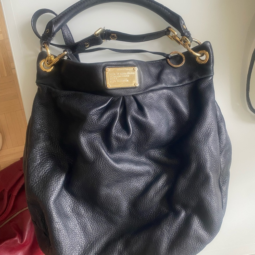 Marc Jacobs Black Leather Shoulder Bag with Gold Accents